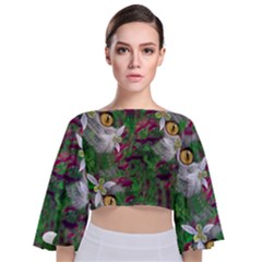 Illustrations Color Cat Flower Abstract Textures Tie Back Butterfly Sleeve Chiffon Top