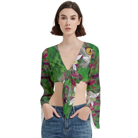 Illustrations Color Cat Flower Abstract Textures Trumpet Sleeve Cropped Top by anzea