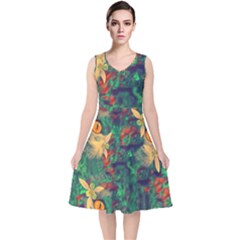 Illustrations Color Cat Flower Abstract Textures Orange V-neck Midi Sleeveless Dress  by anzea