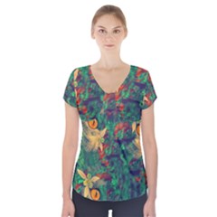 Illustrations Color Cat Flower Abstract Textures Orange Short Sleeve Front Detail Top