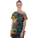 Illustrations Color Cat Flower Abstract Textures Orange Off Shoulder Tie-Up T-Shirt View1