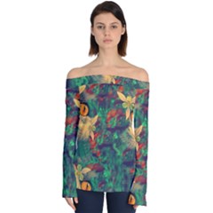 Illustrations Color Cat Flower Abstract Textures Orange Off Shoulder Long Sleeve Top by anzea