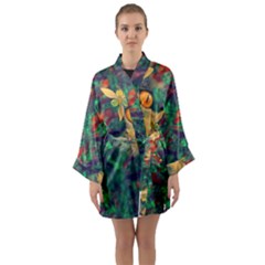 Illustrations Color Cat Flower Abstract Textures Orange Long Sleeve Satin Kimono