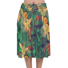 Illustrations Color Cat Flower Abstract Textures Orange Velvet Flared Midi Skirt