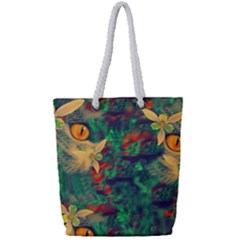 Illustrations Color Cat Flower Abstract Textures Orange Full Print Rope Handle Tote (small)