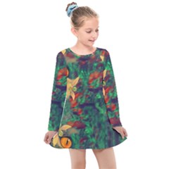 Illustrations Color Cat Flower Abstract Textures Orange Kids  Long Sleeve Dress