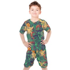 Illustrations Color Cat Flower Abstract Textures Orange Kids  T-shirt And Shorts Set by anzea