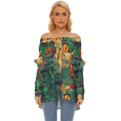 Illustrations Color Cat Flower Abstract Textures Orange Off Shoulder Chiffon Pocket Shirt