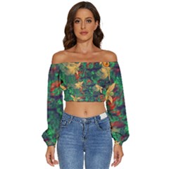 Illustrations Color Cat Flower Abstract Textures Orange Long Sleeve Crinkled Weave Crop Top by anzea