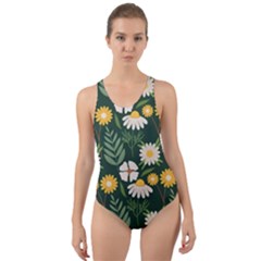 Flower Green Pattern Floral Cut-out Back One Piece Swimsuit by anzea