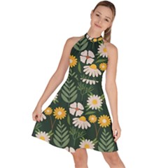 Flower Green Pattern Floral Sleeveless Halter Neck A-line Dress by anzea