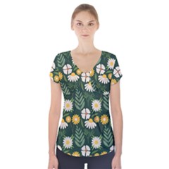 Flower Green Pattern Floral Short Sleeve Front Detail Top