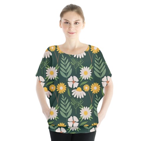 Flower Green Pattern Floral Batwing Chiffon Blouse by anzea