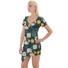 Flower Green Pattern Floral Short Sleeve Asymmetric Mini Dress by anzea