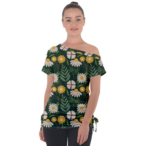 Flower Green Pattern Floral Off Shoulder Tie-up T-shirt by anzea