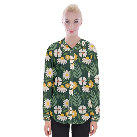 Flower Green Pattern Floral Womens Long Sleeve Shirt by anzea