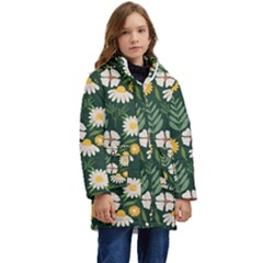 Flower Green Pattern Floral Kids  Hooded Longline Puffer Jacket by anzea