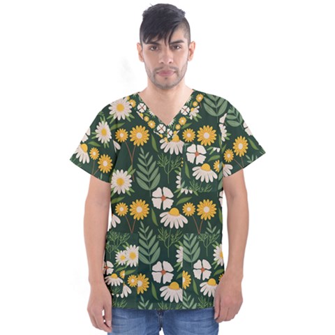 Flower Green Pattern Floral Men s V-neck Scrub Top by anzea