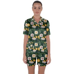 Flower Green Pattern Floral Satin Short Sleeve Pajamas Set