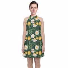 Flower Green Pattern Floral Velvet Halter Neckline Dress 