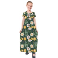 Flower Green Pattern Floral Kids  Short Sleeve Maxi Dress