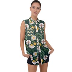 Flower Green Pattern Floral Sleeveless Chiffon Button Shirt