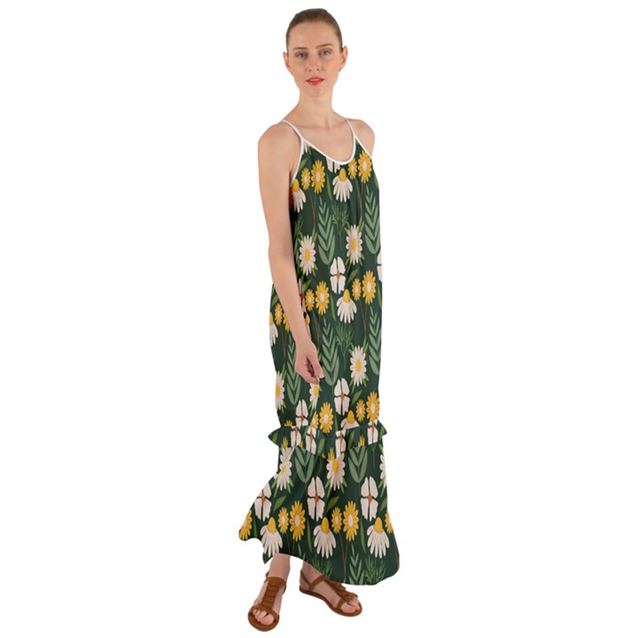 Flower Green Pattern Floral Cami Maxi Ruffle Chiffon Dress