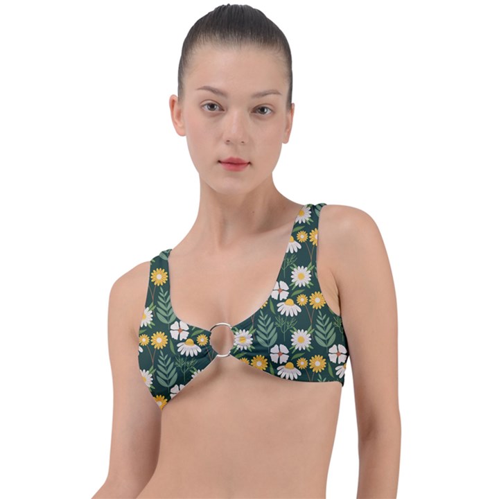 Flower Green Pattern Floral Ring Detail Bikini Top