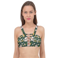 Flower Green Pattern Floral Cage Up Bikini Top