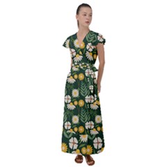 Flower Green Pattern Floral Flutter Sleeve Maxi Dress