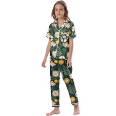 Flower Green Pattern Floral Kids  Satin Short Sleeve Pajamas Set