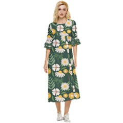 Flower Green Pattern Floral Double Cuff Midi Dress