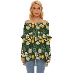 Flower Green Pattern Floral Off Shoulder Chiffon Pocket Shirt