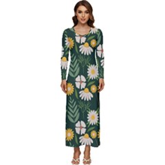 Flower Green Pattern Floral Long Sleeve Longline Maxi Dress