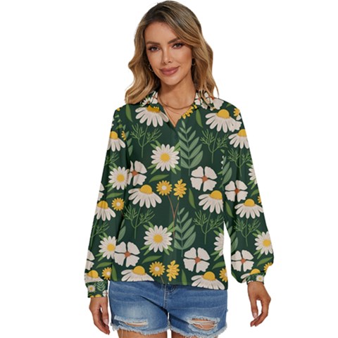 Flower Green Pattern Floral Women s Long Sleeve Button Up Shirt by anzea