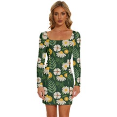 Flower Green Pattern Floral Long Sleeve Square Neck Bodycon Velvet Dress by anzea