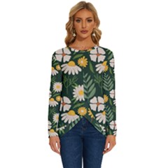 Flower Green Pattern Floral Long Sleeve Crew Neck Pullover Top