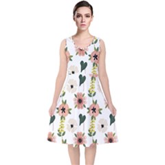 Flower White Pattern Floral V-neck Midi Sleeveless Dress  by anzea