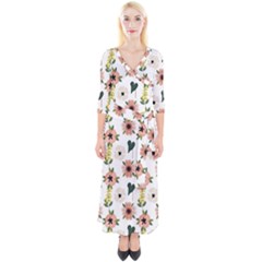 Flower White Pattern Floral Quarter Sleeve Wrap Maxi Dress