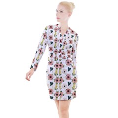 Flower White Pattern Floral Button Long Sleeve Dress