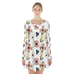 Flower White Pattern Floral Long Sleeve Velvet V-neck Dress