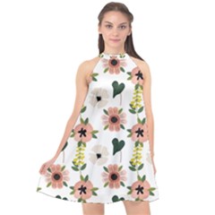 Flower White Pattern Floral Halter Neckline Chiffon Dress  by anzea