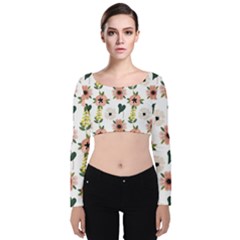 Flower White Pattern Floral Velvet Long Sleeve Crop Top