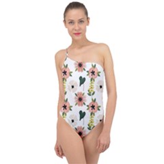 Flower White Pattern Floral Classic One Shoulder Swimsuit