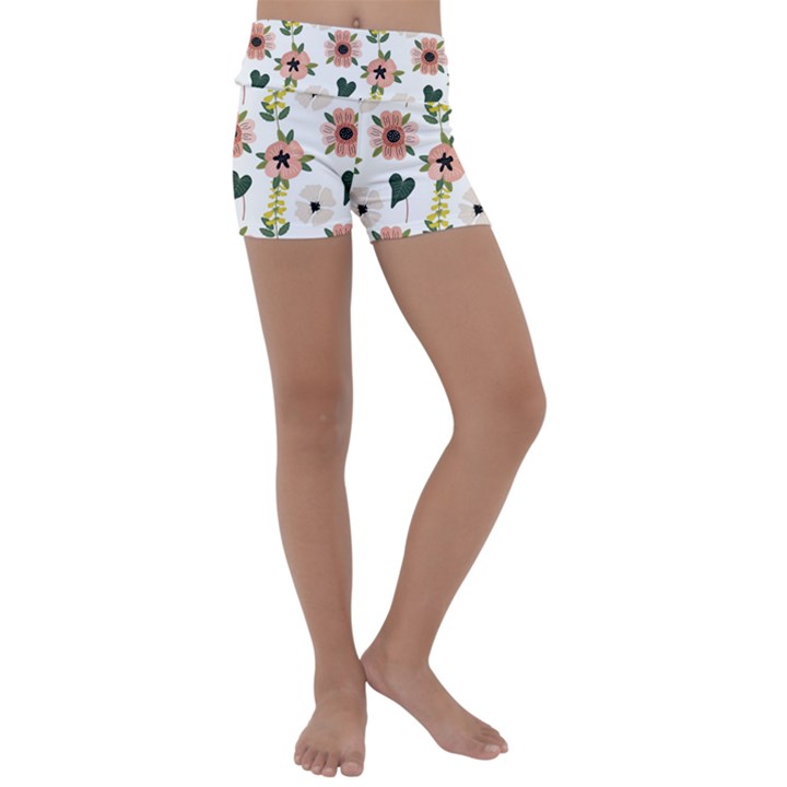 Flower White Pattern Floral Kids  Lightweight Velour Yoga Shorts