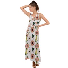 Flower White Pattern Floral V-neck Chiffon Maxi Dress