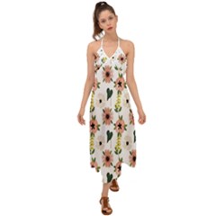 Flower White Pattern Floral Halter Tie Back Dress 