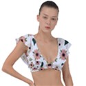 Flower White Pattern Floral Plunge Frill Sleeve Bikini Top View1