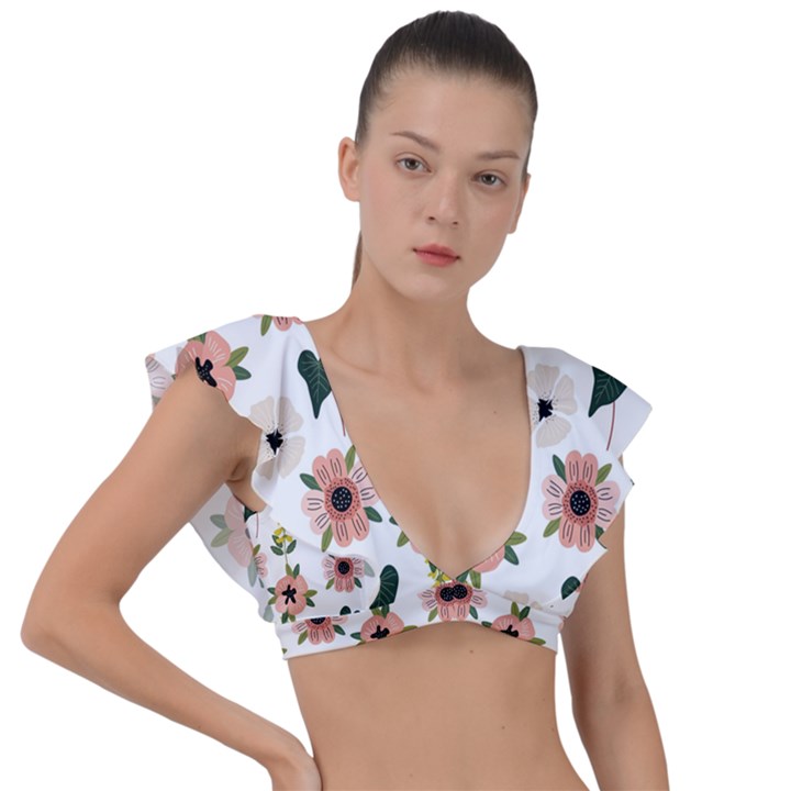 Flower White Pattern Floral Plunge Frill Sleeve Bikini Top