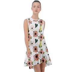 Flower White Pattern Floral Frill Swing Dress